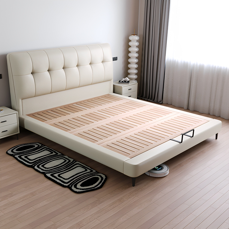 Italian Minimalist Genuine Leather Bed, Chocolate-Colored Upholstered Beech Wood Bed, Small Apartment Master Bedroom Storage Bed, Thin Headboard Bed, Double Bed Italian Minimalist Genuine Leather Bed, Chocolate-Colored Upholstered Beech Wood Bed, Small Apartment Master Bedroom Storage Bed, Thin Headboard Bed, Double Bed