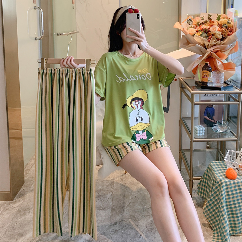 #BX Pant Cover Cap Duck & Pants + Shorts + TopBig size pajamas female summer lovely Thin pure cotton Short sleeve shorts trousers Three piece suit summer student leisure wear