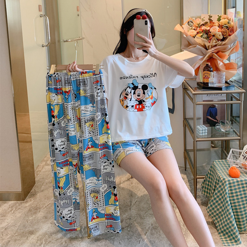 #BX Pant Cover - White Mickey & Pants + Shorts + TopBig size pajamas female summer lovely Thin pure cotton Short sleeve shorts trousers Three piece suit summer student leisure wear