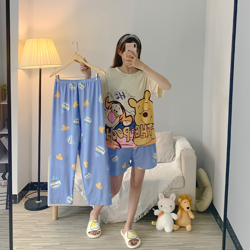 Blue & Three Piece Set - PoohBig size pajamas female summer lovely Thin pure cotton Short sleeve shorts trousers Three piece suit summer student leisure wear