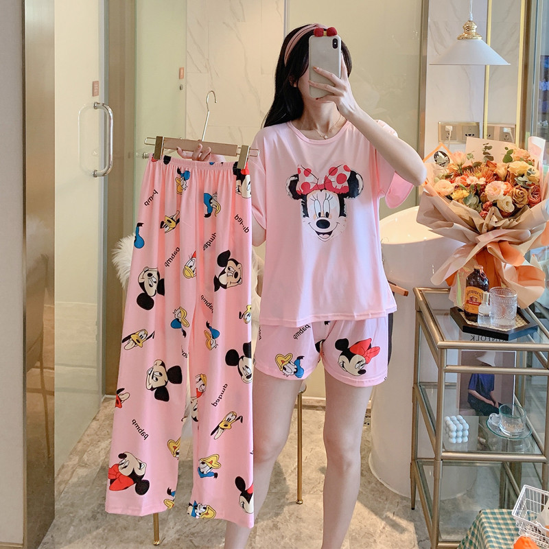 #BX Pant Cover - Pink Mickey & Pant + Shorts + TopBig size pajamas female summer lovely Thin pure cotton Short sleeve shorts trousers Three piece suit summer student leisure wear
