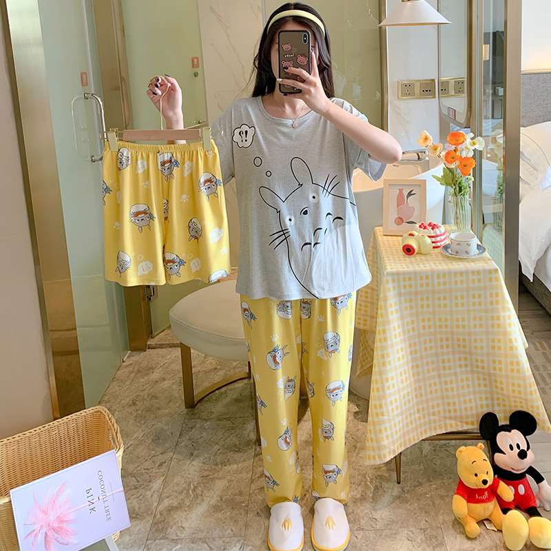 #BX Three Piece Set-337 & Pants + Shorts + TopBig size pajamas female summer lovely Thin pure cotton Short sleeve shorts trousers Three piece suit summer student leisure wear