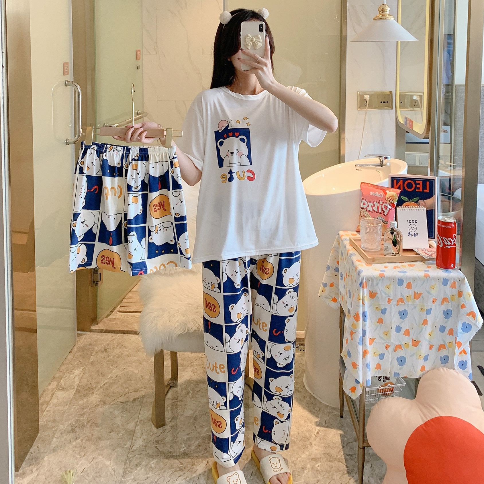 Light Blue & Three Piece Set - Star BearBig size pajamas female summer lovely Thin pure cotton Short sleeve shorts trousers Three piece suit summer student leisure wear