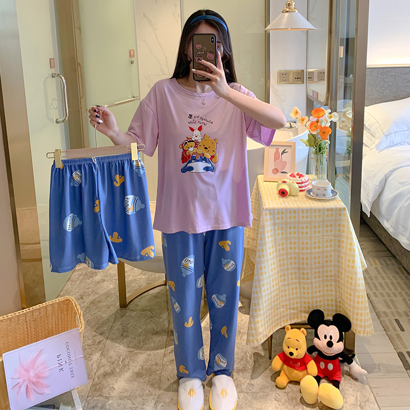 Purple & Three Piece Set-339Big size pajamas female summer lovely Thin pure cotton Short sleeve shorts trousers Three piece suit summer student leisure wear