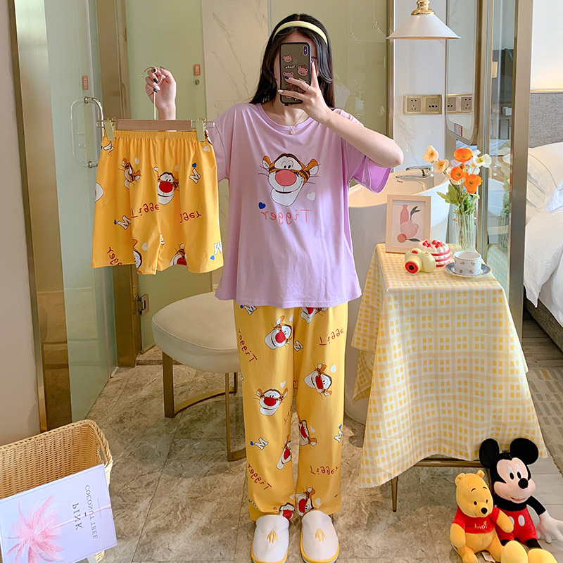 #BX Three Piece Set-332 & Pants + Shorts + TopBig size pajamas female summer lovely Thin pure cotton Short sleeve shorts trousers Three piece suit summer student leisure wear