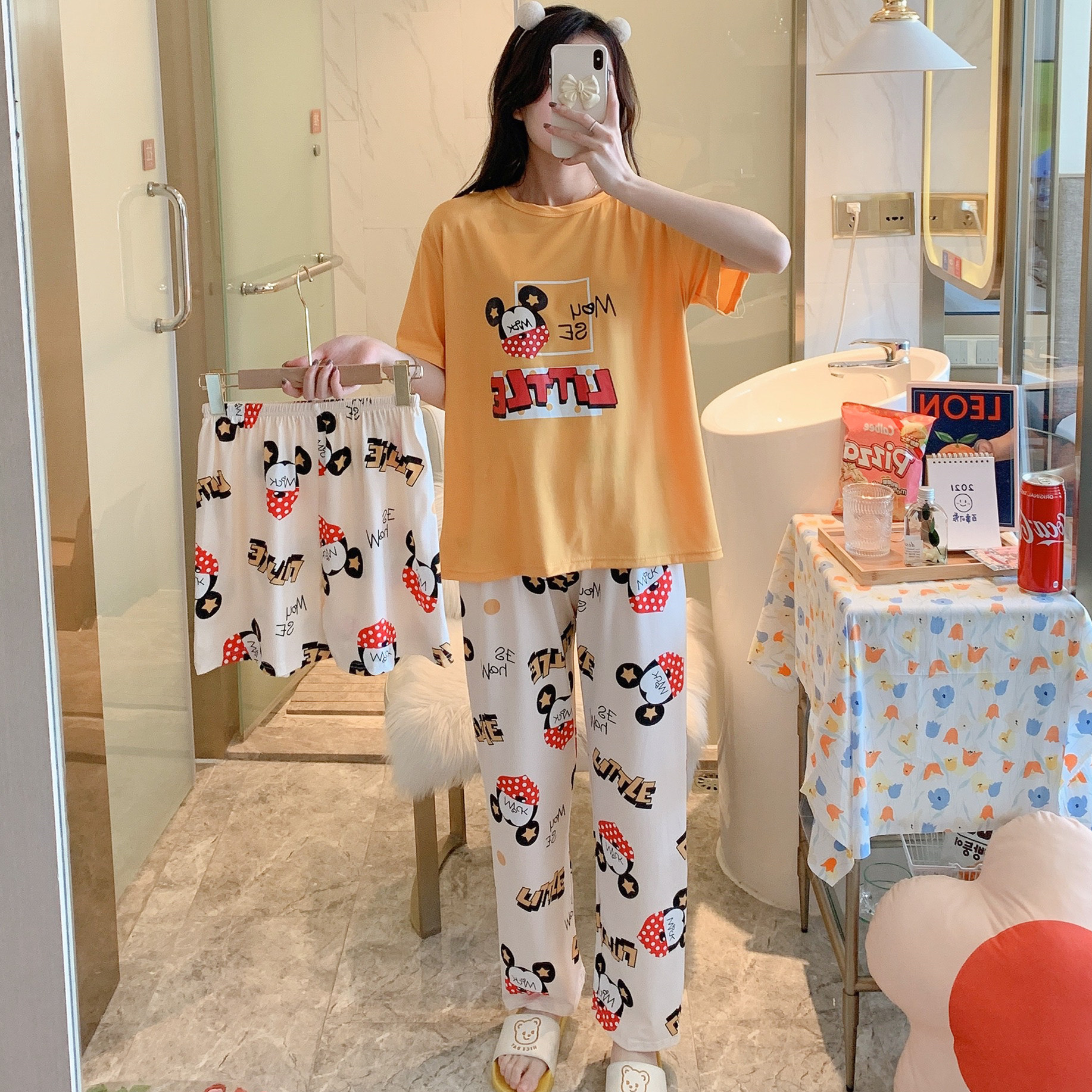 Lemon & Three Piece Set Square MickeyBig size pajamas female summer lovely Thin pure cotton Short sleeve shorts trousers Three piece suit summer student leisure wear