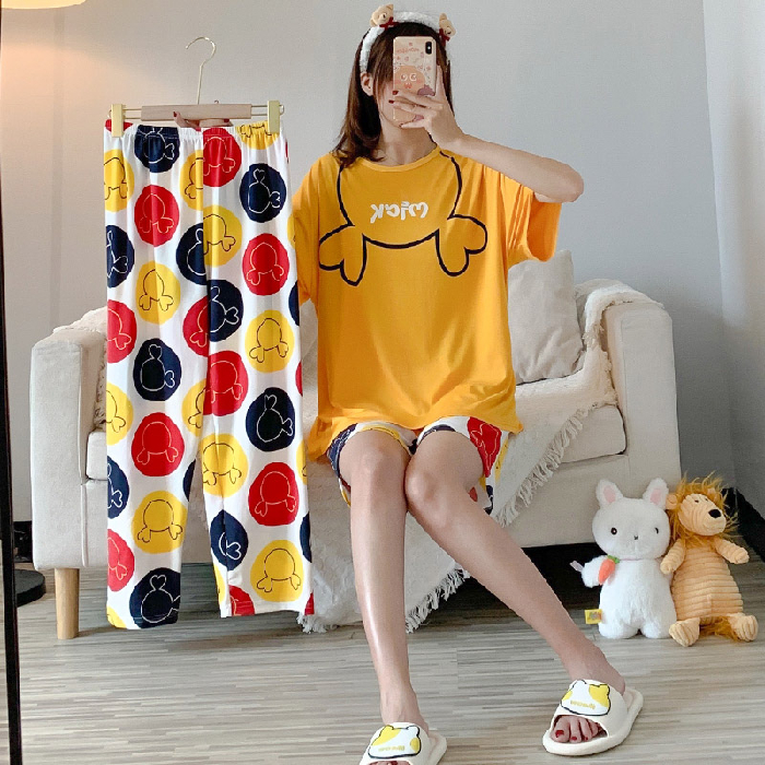 Light Yellow & Three Piece Set - Yellow Mickey HeadBig size pajamas female summer lovely Thin pure cotton Short sleeve shorts trousers Three piece suit summer student leisure wear
