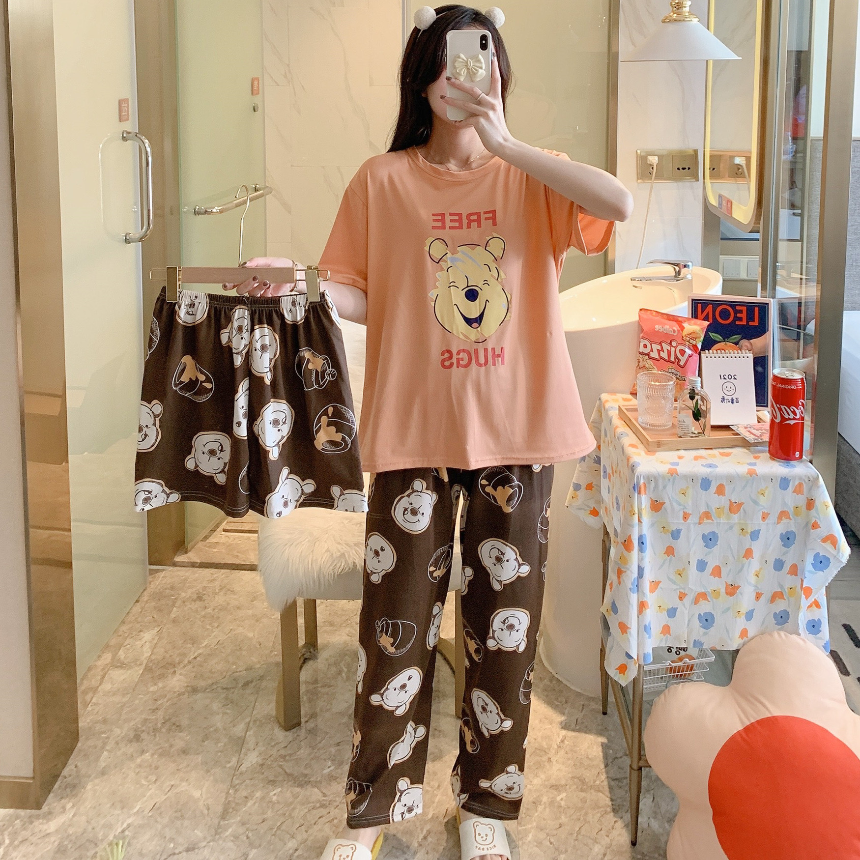 Orange & Three Piece Set - English BearBig size pajamas female summer lovely Thin pure cotton Short sleeve shorts trousers Three piece suit summer student leisure wear