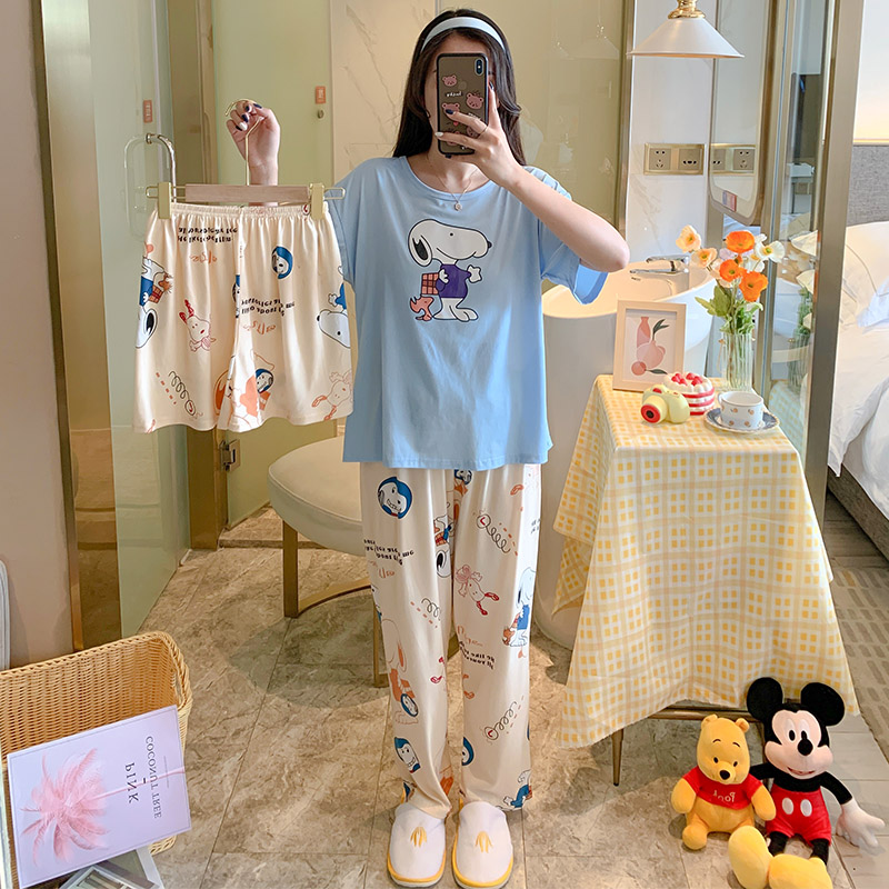 #BX Three Piece Set-336 & Pants + Shorts + TopBig size pajamas female summer lovely Thin pure cotton Short sleeve shorts trousers Three piece suit summer student leisure wear