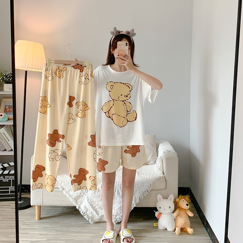 Yellow & Three Piece Set - ZX Cloth BearBig size pajamas female summer lovely Thin pure cotton Short sleeve shorts trousers Three piece suit summer student leisure wear