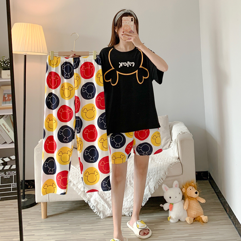 Black & Three Piece Set - Black Mickey HeadBig size pajamas female summer lovely Thin pure cotton Short sleeve shorts trousers Three piece suit summer student leisure wear