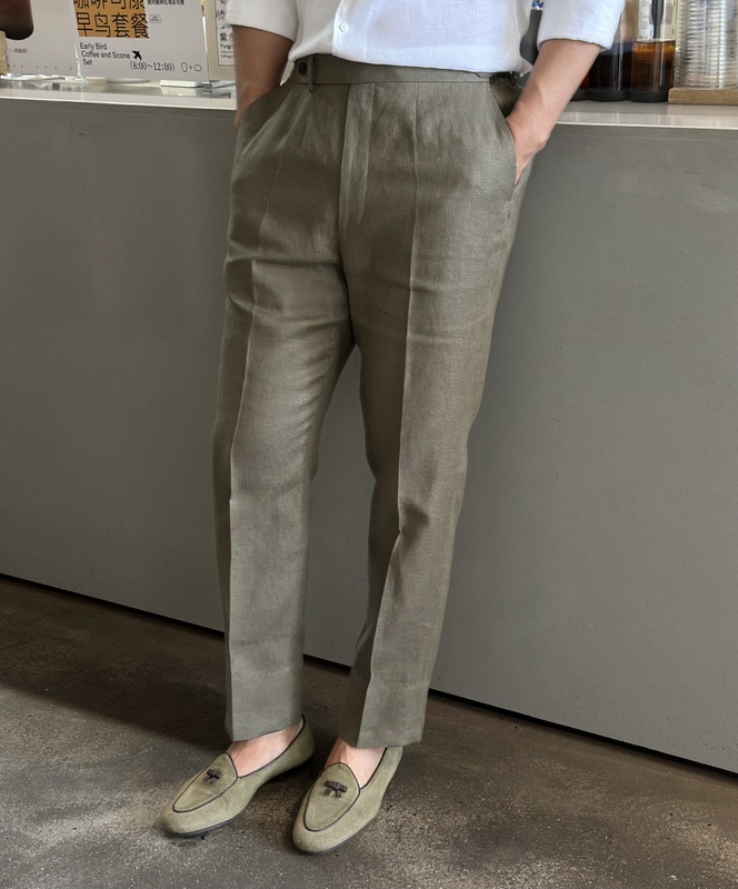Irish Heavy Linen Summer Casual Trousers Men's Stylish Green Naples Cropped Casual Pants