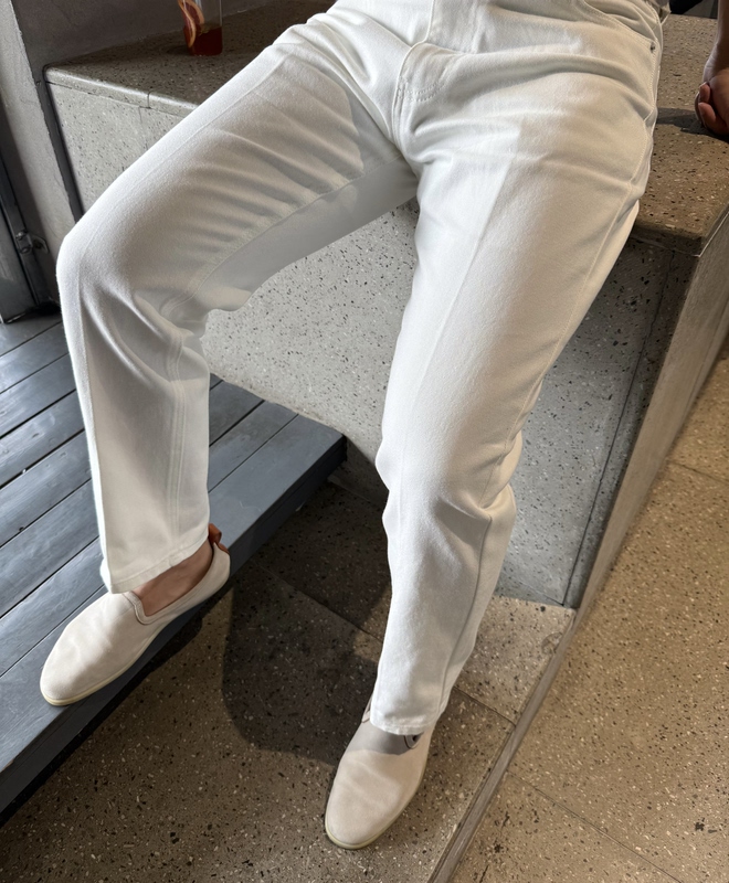 Hoshea Wang Men's Five-Pocket Casual Cropped White Jeans Mid-Rise Non-Stretch Denim Pure Cotton White Jeans