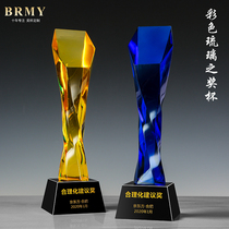 Crystal glass trophy custom K9 blue inclined crystal trophy production unit annual award souvenir