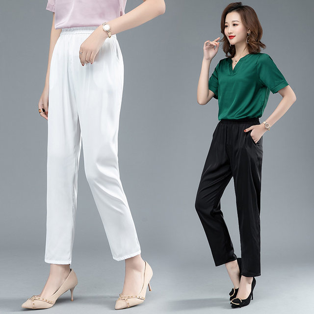 2023 Spring and Autumn Pants Thin Pants Harem Pants Carrot Pants Elastic Outerwear High Waist Large Size Stretch Satin Pencil Pants