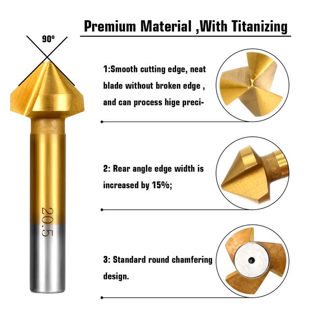 ມີດ titanium chamfering ມີດສາມແຂບດ່ຽວ cobalt-plated ສໍາລັບ deburring ແລະ countersinking 45-degree ເຄື່ອງມື chamfering ສໍາລັບສະແຕນເລດ countersink ເຈາະ