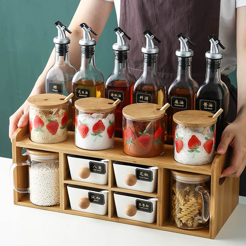 Kitchen Glass Sauce Box Day Style Wind Strawberry Seasoned Jar Sauce Bottle Suit Oil Bottle Combined double shelf