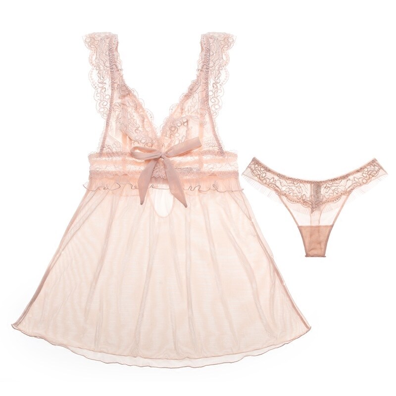 法式少女性感V领蕾丝蝴蝶结小飞袖睡裙极度诱惑吊带内衣睡衣套装