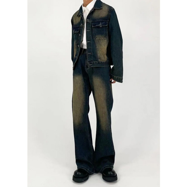 M7 American retro Cleanfit distressed jacket denim washed straight loose denim suit bootcut trousers