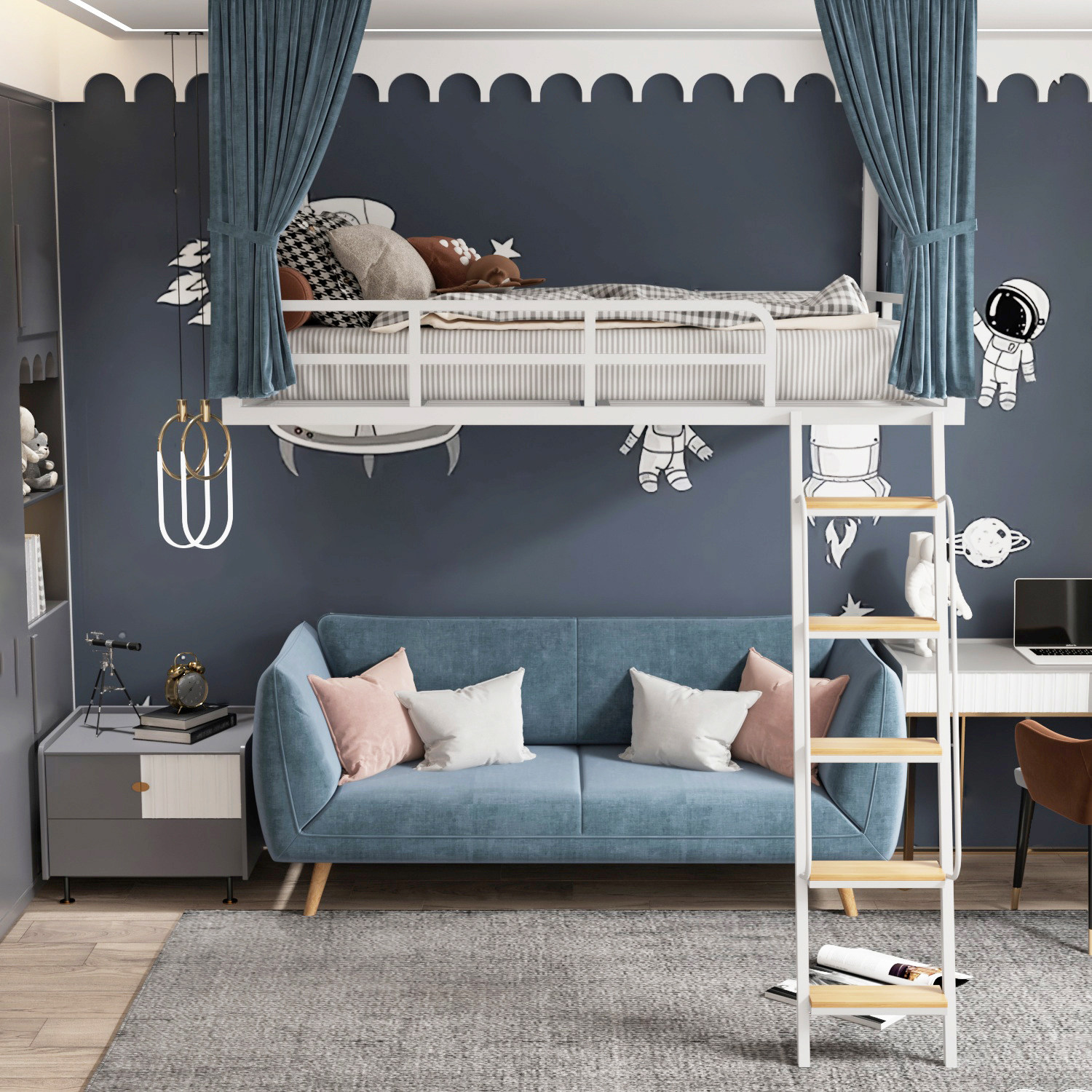 Nordic Iron Art High Rack Bed Multifunction Loft Bed Minimalist Province Space Small Family Bed Lower Table Iron Frame Bed-Taobao