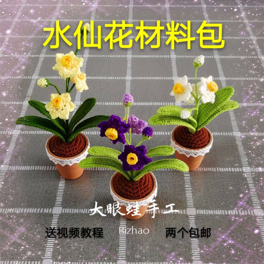 Big eye frog handmade daffodils potted wool crochet DIY handmade gift material package