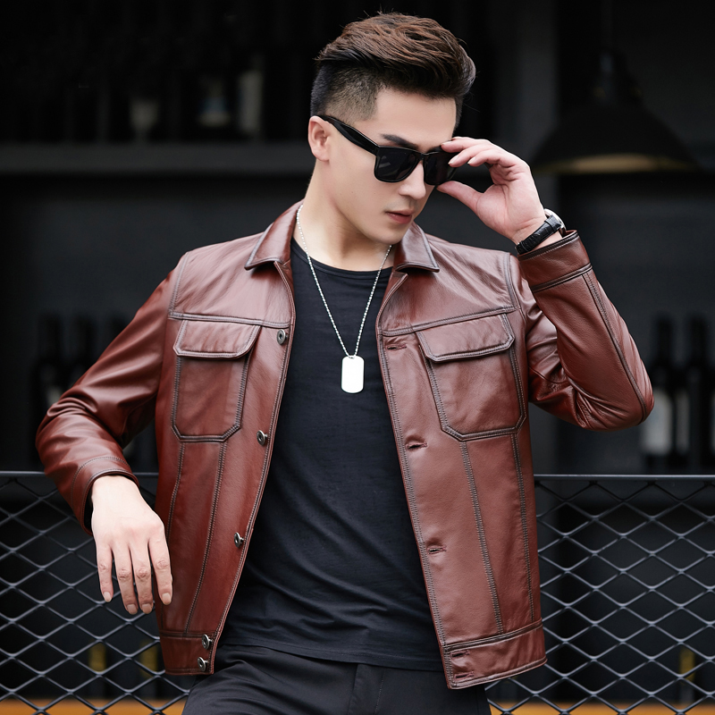 Heinin Leather Jacket Locomotive Real Leather Leather Clothing Male Turnover short Sheep Leather Repairs to Han Edition Handsome Gas Casual Jacket Tide