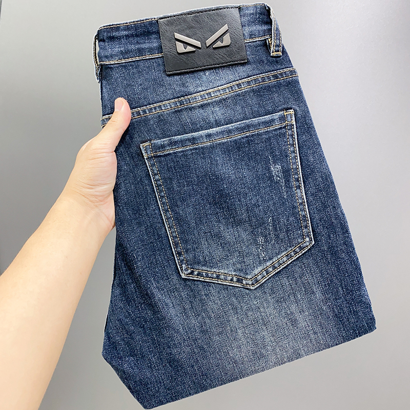 Hong Kong Blue Jeans for Men, New Spring and Autumn Slim Fit Straight Leg with Devil Eye Design, Stretchy, All-Season European Style Long Pants