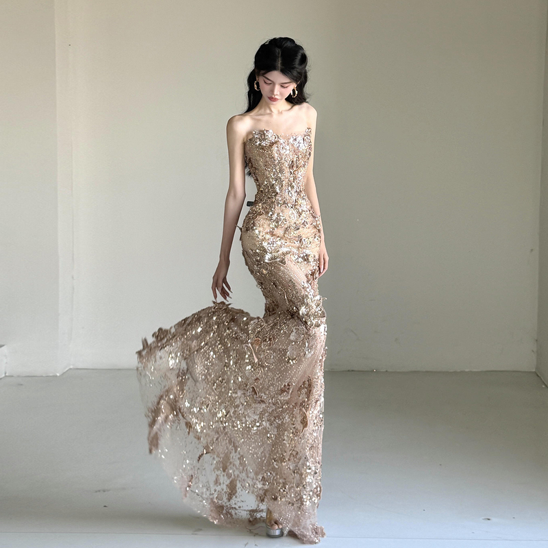 French-Style Heavy-Duty Fishtail Evening Dress for Women, Gold, Light Luxury, Niche, High-End, Strapless, Sequined, Banquet, Bride's Toast Dress French-Style Heavy-Duty Fishtail Evening Dress for Women, Gold, Light Luxury, Niche, High-End, Strapless, Sequined, Banquet, Bride's Toast Dress