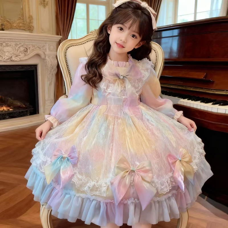 Girls' Bow Princess Dress Autumn and Winter Gradient Dress Formal Dress Stylish Girl Lolita Tutu Skirt