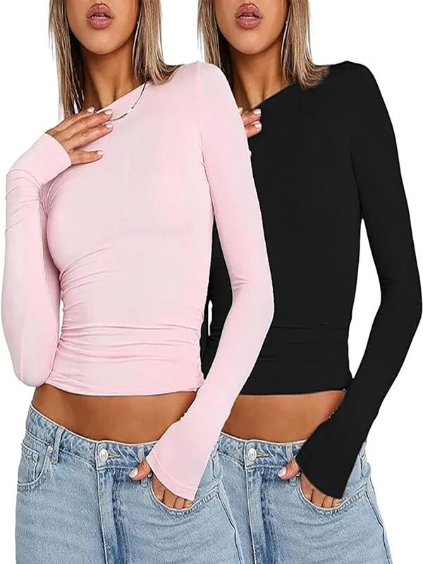 Summer Pink Slim-Fit T-Shirt Tight-Fitting Top Women's Long-Sleeve Slim Long Sleeve Shirt