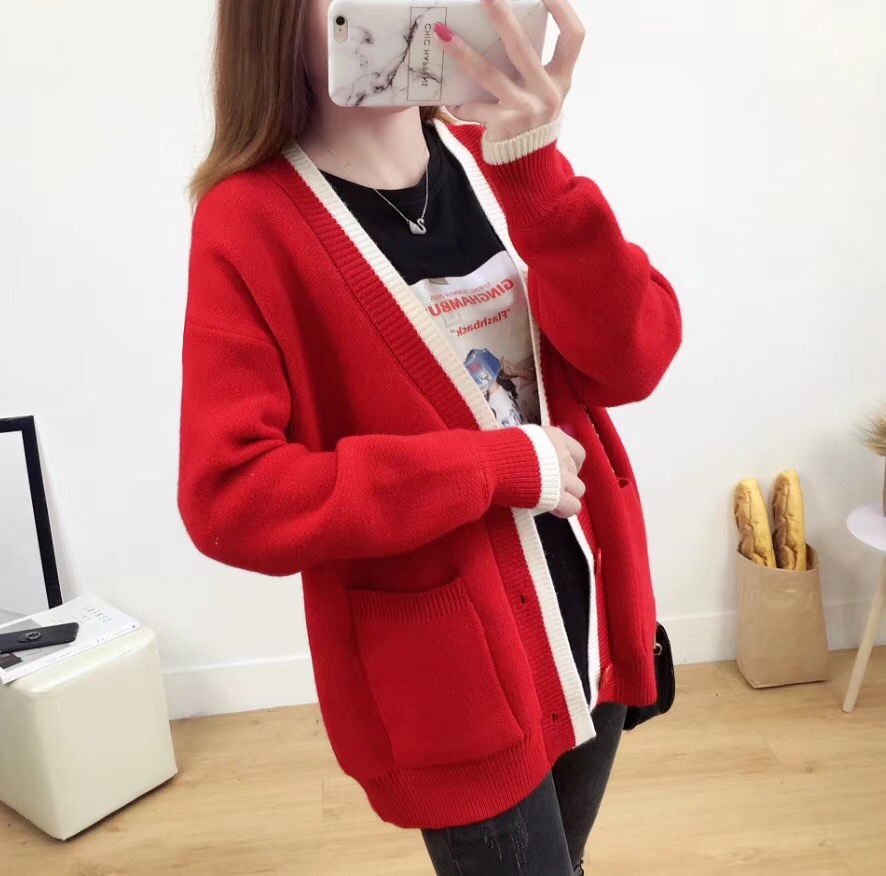 Mùa thu và mùa đông đan áo khoác cardigan 2018chic gió Hàn Quốc phiên bản của hoang dã V-Cổ cao đẳng gió màu phù hợp với áo len bên ngoài áo len nữ đẹp