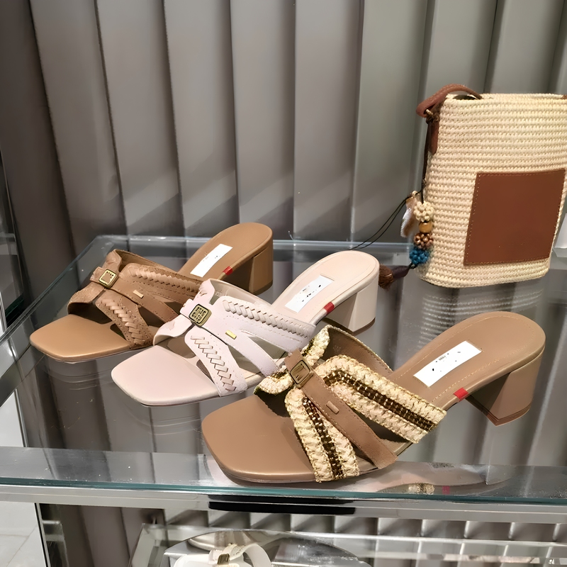 Same Style as in the Mall, 2026 Summer New Style, Elegant Woven Genuine Leather Outdoor Wear, Chunky Heel Women's Sandals Ebi73 Ebi69