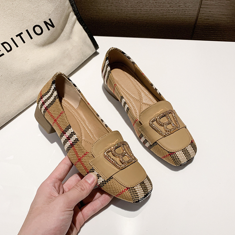 Brand Clearance Chanel-Style Plaid Color-Block High Heels 2025 Spring/Summer New Fashion Versatile Chunky Heel Shallow Single Shoes Brand Clearance Chanel-Style Plaid Color-Block High Heels 2025 Spring/Summer New Fashion Versatile Chunky Heel Shallow Single Shoes