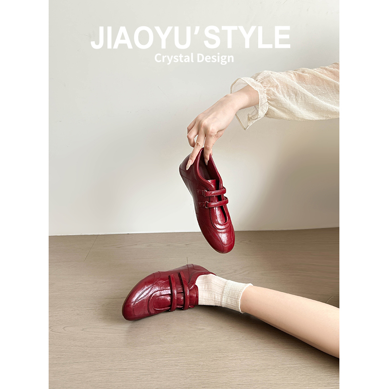 Genuine Leather~Jiaoyu Red Inner Height-Increasing Velcro Ballet Training Shoes 2026 Spring New Sports Mary Jane Shoes