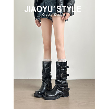 Genuine Leather~ Jiaoyu Leather Buckle Black Mid-Calf Pants Boots Women's Slouch Boots Long Boots Riding Boots Western Cowboy Boots