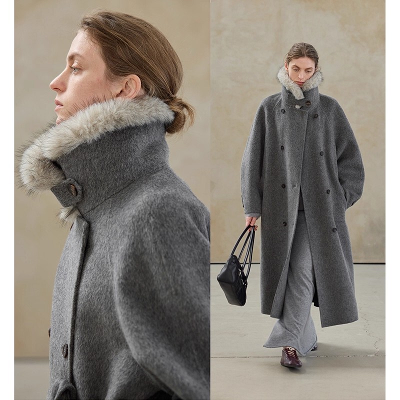 Sheep Wool Stand-Up Collar Eco-Friendly Fur Collar Double-Breasted Long Silhouette Double-Sided Woolen Coat Winter Warm Jacket for Women