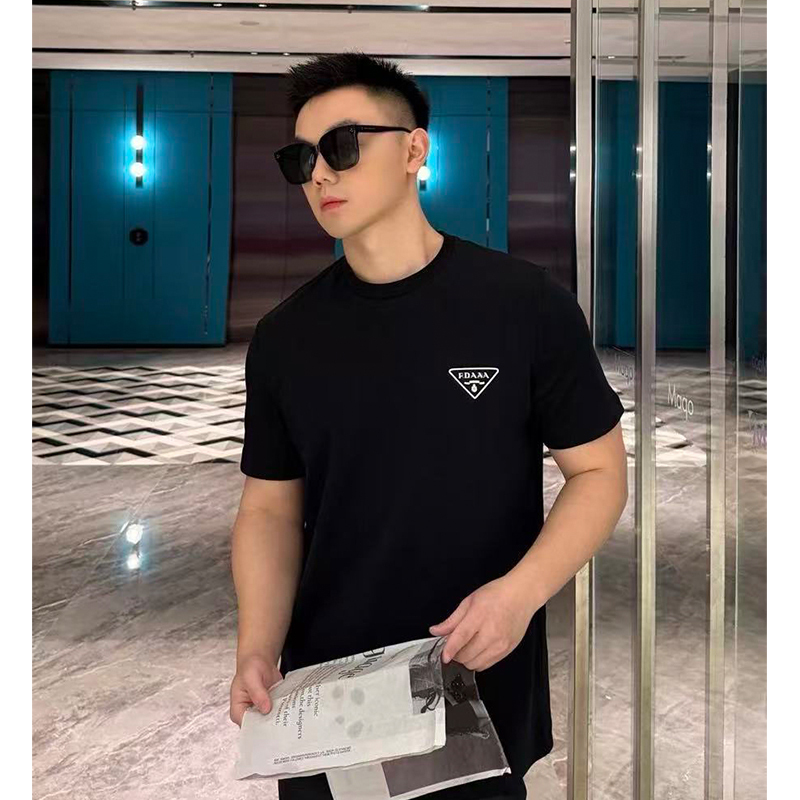 Triangle Logo Summer High-End Light Luxury Short-Sleeved T-Shirt with European and American Style, Heavyweight Pure Cotton, Loose Fit, Printed T-Shirt