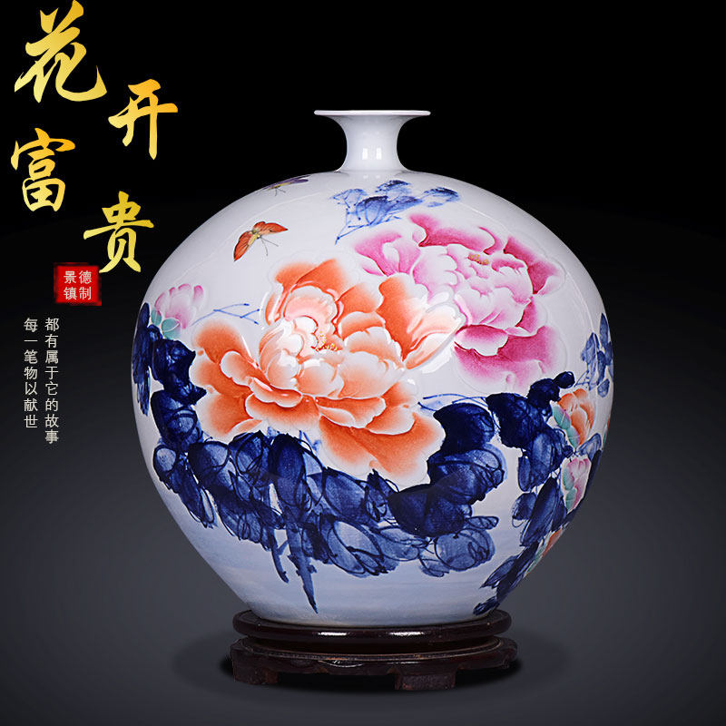 Jingdezhen ceramics hand-painted relief pastel flowers blooming wealthy vase modern home living room decoration art ornaments