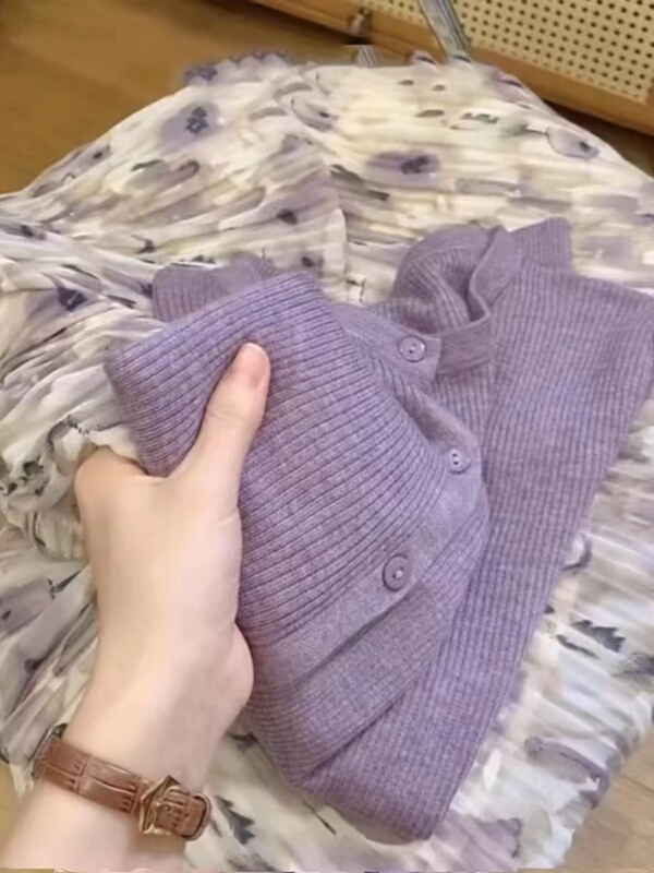 【Store 198】Knitted Cardigan for Women, Thin Spring Wear, 2025 Purple Top, Spring and Autumn Base Layer Shirt