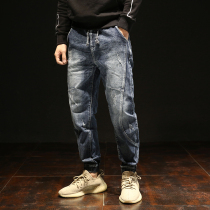  Autumn washed tide brand jeans mens fat loose elastic leggings mens Korean version of the trend nine-point pants spring and autumn