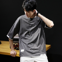 Summer Japanese fake two-piece cotton T-shirt mens large size short sleeve loose five-point half-sleeve fat man plus fat extra body shirt