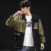 Spring retro tooling jacket men hip hop loose color matching stitching multi-pocket shirt mens tide card denim jacket