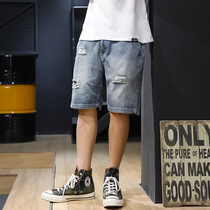 Ripped denim shorts mens five-point pants summer thin loose old beggar pants mens Japanese large size pants tide