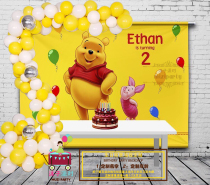 Yellow Pooh Bear theme baby feast decoration dessert table background wall poster banner painting custom name