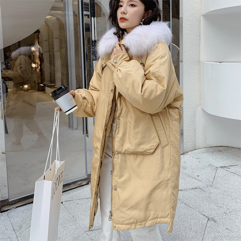 (Tốt hàng Hàng Châu) 2019 mùa đông mới mô hình dài vừa trăm-size-cũ thon thả thực tóc cổ áo trắng vịt xuống áo khoác phụ nữ