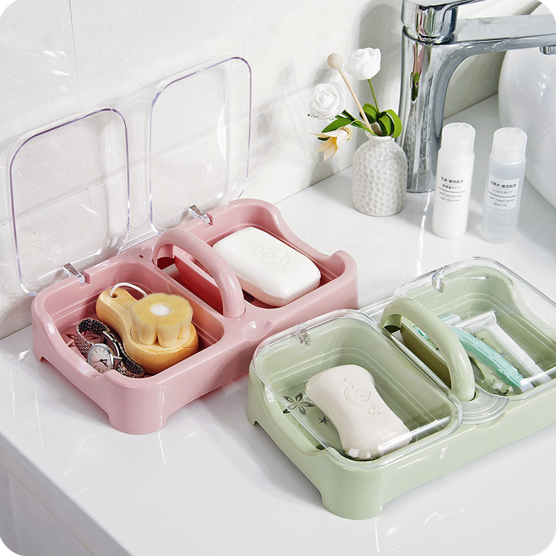 Creative laundry soap box with lid double compartment drain soap box soap box large portable multi-layer covered double-layer travel