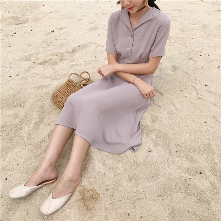 Mùa xuân mới của phụ nữ retro bến cảng khí chất voan eo thon dài phần Một từ lớn swing váy ngắn tay - A-Line Váy váy chữ a đẹp