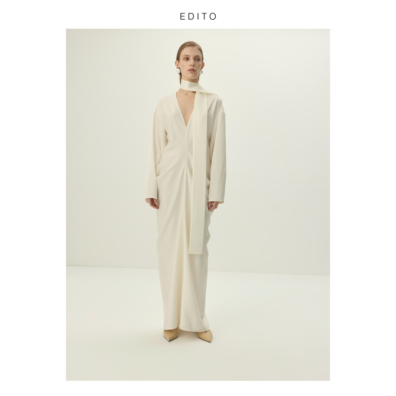 Edito Off-White Satin V-Neck Draped Long Dress with Ribbons