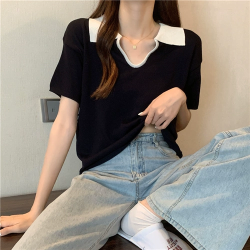 Летняя короткая трикотажная футболка, короткий рукав, большой размер, воротник поло, свободный крой