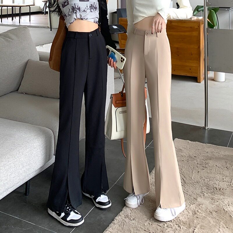Black Open Fork Suit Broadlegged Pants Woman Summer High Waist Pituitary Sensation Spring Autumn Fat Younger Sister Trumpeter Pants Straight Drum Big Size Easy Pants